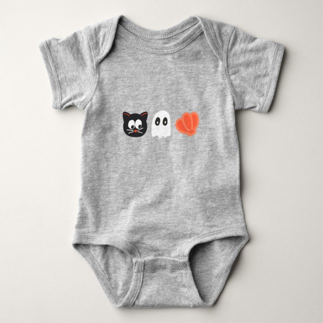 Cute Spooky Halloween Cat Ghost Seashell Trio Baby Bodysuit (Front)