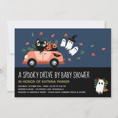 Cute Spooky Halloween Drive By Blue Baby Shower Invitation