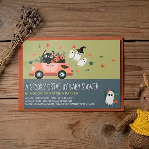 Cute Spooky Halloween Drive By Green Baby Shower Invitation