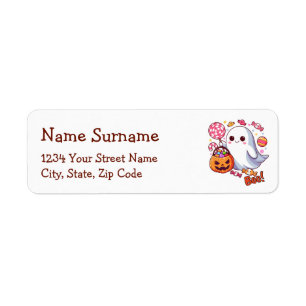 Cute Spooky Halloween Ghost, Pumpkins and Candy Label