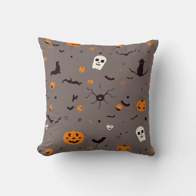 Cute Spooky Halloween Ghosts and Pumpkin Pattern Throw Pillow (Front)
