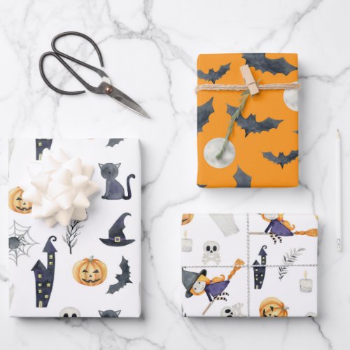 CUTE SPOOKY HALLOWEEN GHOSTS PUMPKINS BATS MOONS WRAPPING PAPER SHEETS
