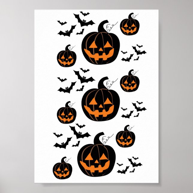 Cute Spooky Halloween Pumpkin Bats Pattern Poster (Front)