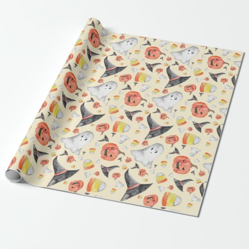 Cute Spooky Halloween Watercolor Witch Ghost Jack Wrapping Paper