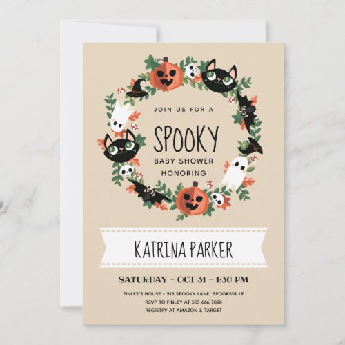 Cute Spooky Halloween Wreath Baby Shower Invitation