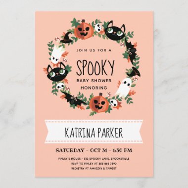 Cute Spooky Halloween Wreath Blush Baby Shower Invitation