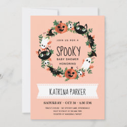 Cute Spooky Halloween Wreath Blush Baby Shower Invitation
