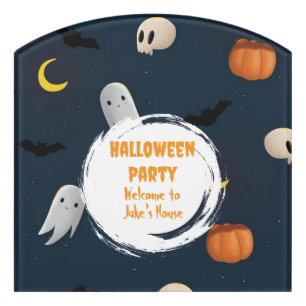 Cute Spooky Happy Halloween Party Blue  Door Sign