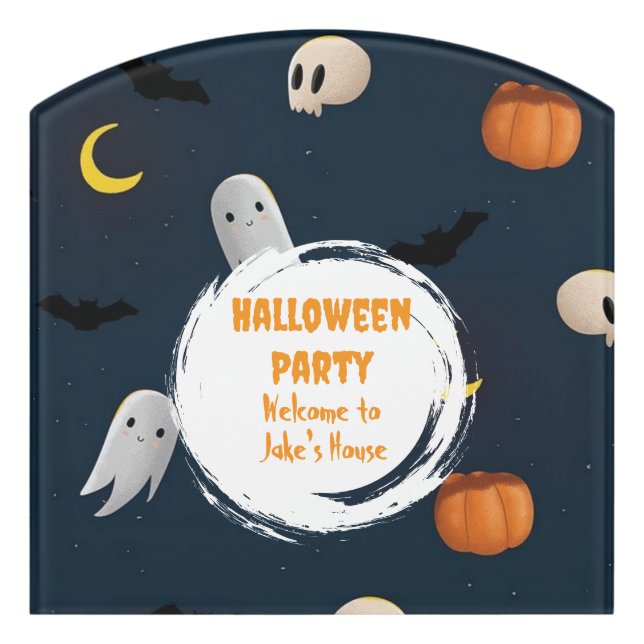 Cute Spooky Happy Halloween Party Blue  Door Sign (Contour Front)