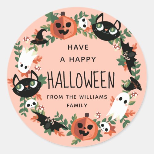Cute Spooky Happy Halloween Wreath Classic Round Sticker
