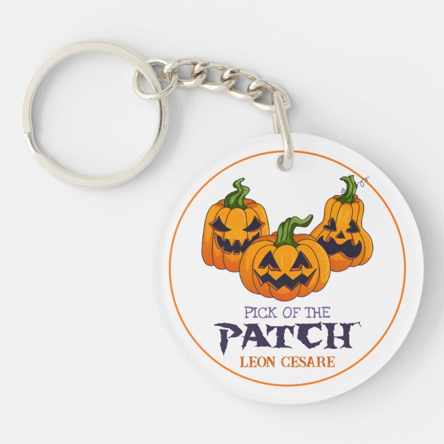 Cute Spooky Jack O Lantern Halloween Pumpkin Patch Keychain (Front)