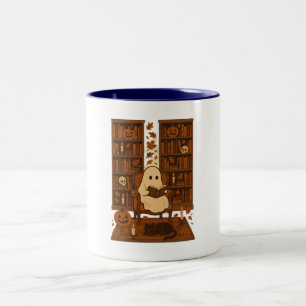 Cute Spooky Library, Autumn Reading Ghost, Two-Tone Coffee Mug