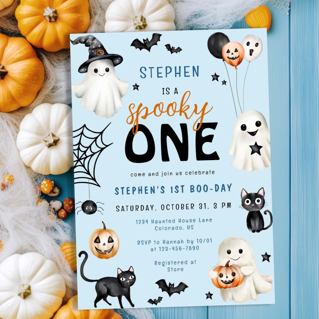 Cute Spooky One Blue Halloween Boy 1st Birthday Invitation
