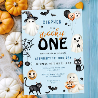 Cute Spooky One Blue Halloween Boy 1st Birthday Invitation