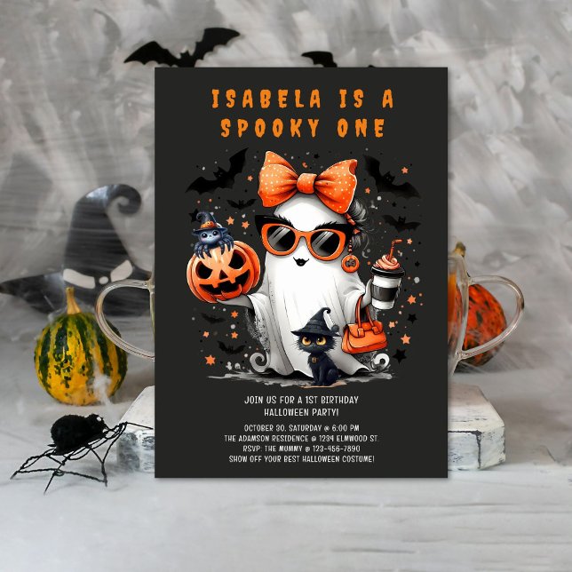 Cute Spooky One Ghost Halloween 1st Birthday Party Invitation (Creator Uploaded)