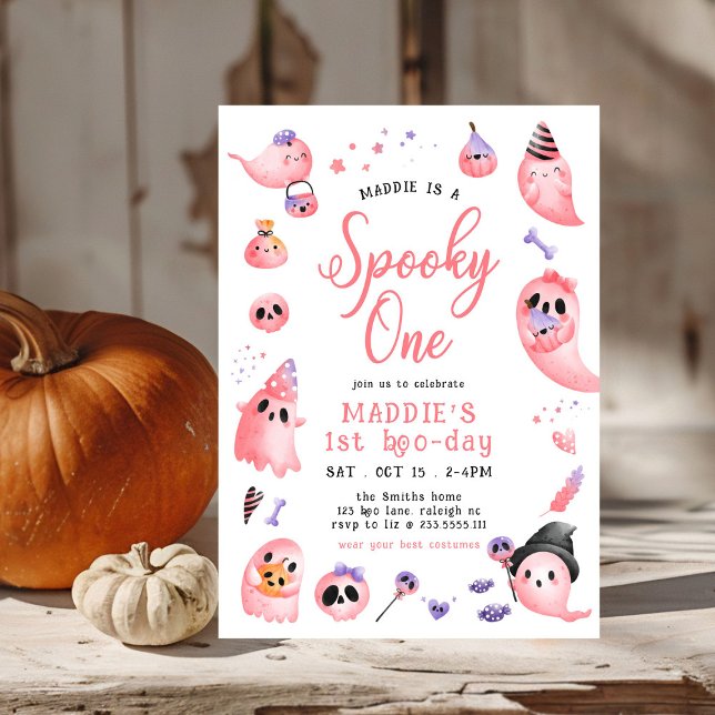 Cute Spooky One Pink Halloween Ghost 1st Birthday Invitation (Creator Uploaded)