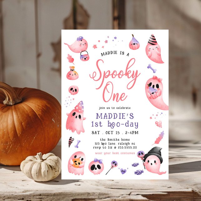 Cute Spooky One Pink Halloween Ghost 1st Birthday Invitation (Creator Uploaded)