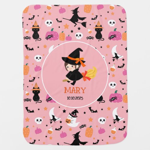 Cute Spooky Pattern with Name Pink Halloween  Baby Blanket