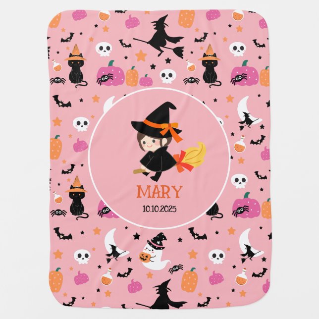 Cute& Spooky Pattern with Name Pink Halloween  Baby Blanket (Front)