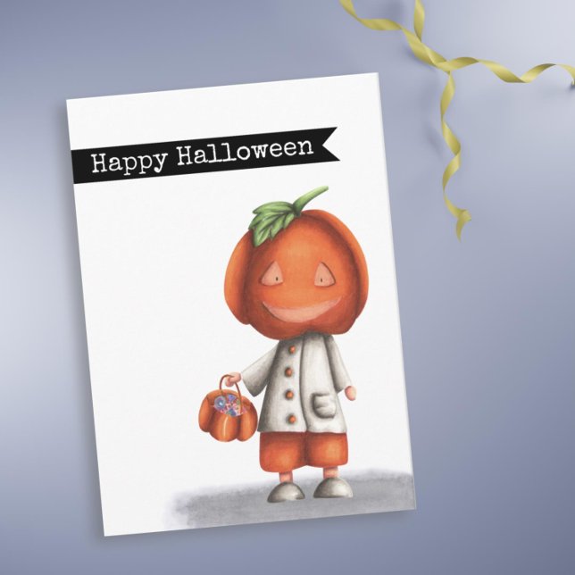 Cute Spooky Pumpkin Head Happy Halloween  Card (Cute Halloween card with a little kid in a Jack O Lantern costume by Kinda Cute by Patricia Alvarez)