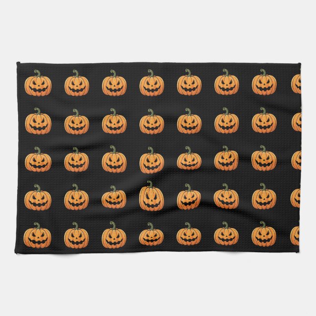 Cute Spooky Pumpkin Pattern Black Halloween Kitchen Towel (Horizontal)
