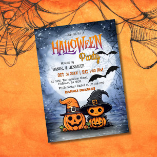 Cute Spooky Pumpkin Witch Hat moon Halloween Party Invitation