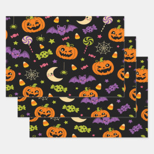 Cute Spooky Retro Kawaii Halloween Candy Pumpkins Wrapping Paper Sheets