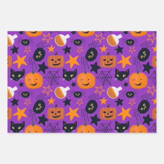 Cute Spooky Scary Fun Halloween Pattern Wrapping Paper Sheets (Front)