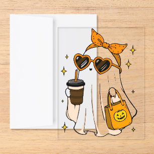 Cute Spooky Season Ghost with Iced Coffee & Heart  Acrylic Enclosure Card