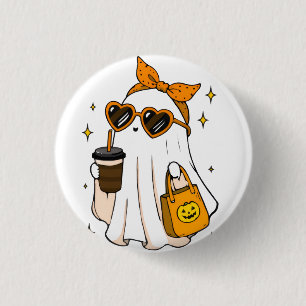 Cute Spooky Season Ghost with Iced Coffee & Heart Button