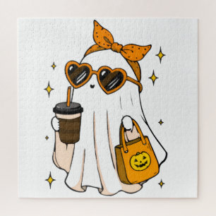 Cute Spooky Season Ghost with Iced Coffee & Heart  Jigsaw Puzzle