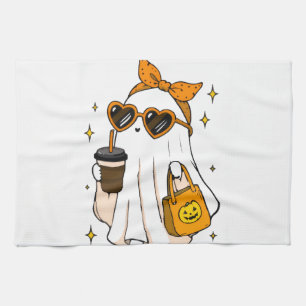 Cute Spooky Season Ghost with Iced Coffee & Heart Kitchen Towel