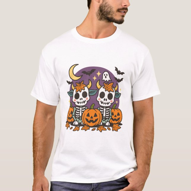 Cute Spooky Skeleton Cows with Pumpkins T-Shirt (Front)