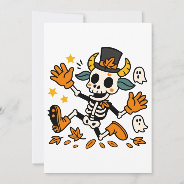Cute Spooky Skeleton Goat with Top Hat Invitation (Front)