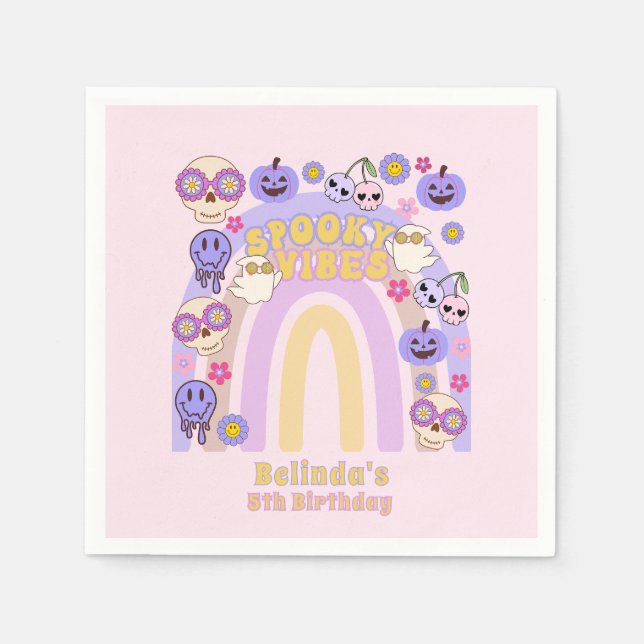 Cute Spooky Vibes Groovy Ghost Halloween Birthday Napkins (Front)