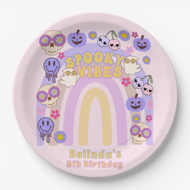 Cute Spooky Vibes Groovy Ghost Halloween Birthday Paper Plates (Front)