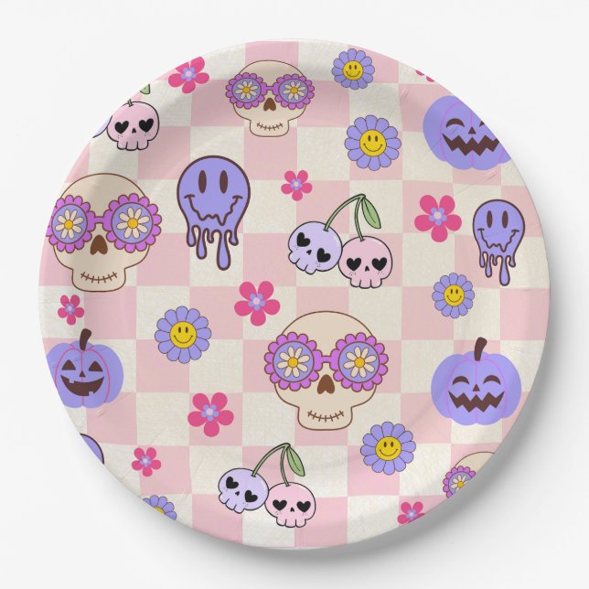Cute Spooky Vibes Groovy Ghost Halloween  Paper Plates (Front)