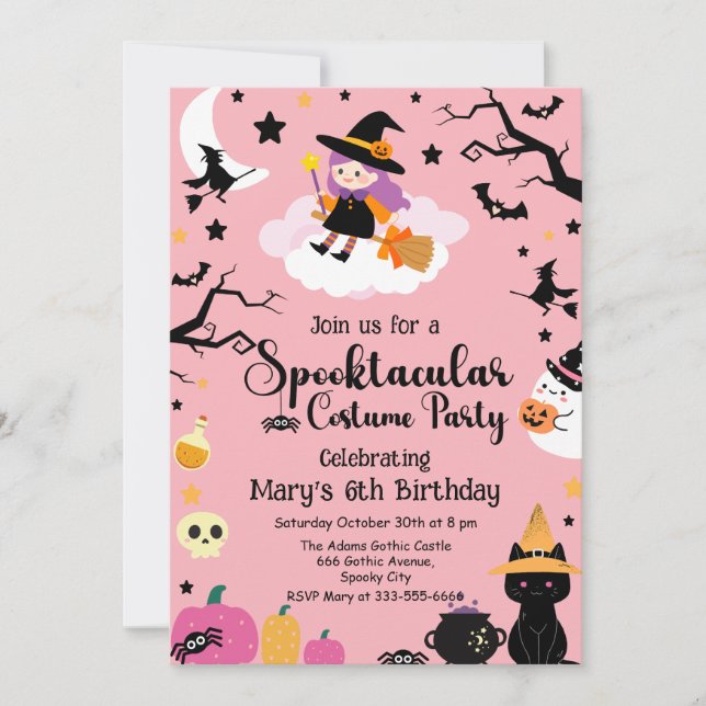 Cute& Spooky Witch Pink Halloween Birthday Party Invitation (Front)