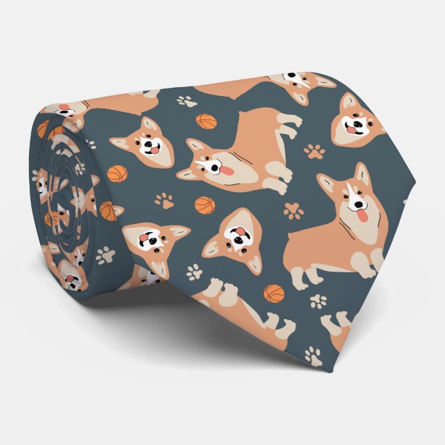 Cute Sport Corgi Pattern Neck Tie (Rolled)