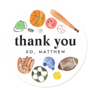 Cute Sports Balls Kid Boy Birthday Thank You Favor Classic Round Sticker
