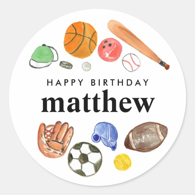 Cute Sports Balls Kid Boy Happy Birthday Favor Classic Round Sticker (Front)