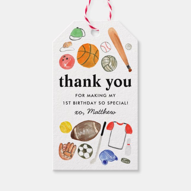 Cute Sports Balls Kids Boy Birthday Thank You Gift Tags (Front)