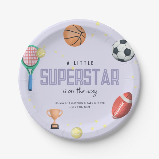 Cute Sports Superstar Girls Purple Baby Shower Paper Plates (Front)
