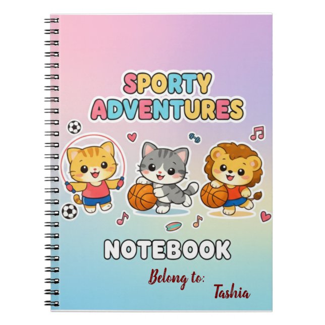 Cute Sporty Animals Pastel Rainbow Kids Notebook (Front)