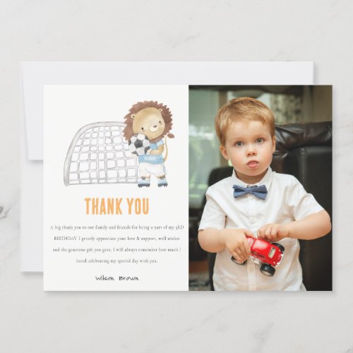 Cute Sporty Football Player Lion Photo Birthday Thank You Card