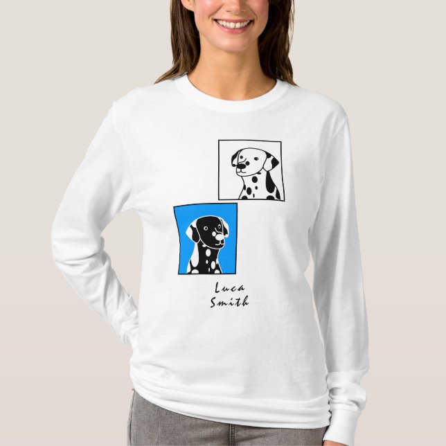 CUTE SPOTTED BLACK AND WHITE DOGS BLUE FRAME TEXT T-Shirt (Front)