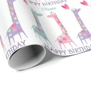 Cute Spotted Pastel Giraffe Kids Birthday Wrapping Paper