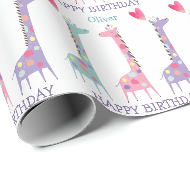 Cute Spotted Pastel Giraffe Kids Birthday Wrapping Paper (Roll Corner)