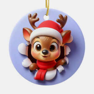 Cute Spotted Santa's Reindeer Bursting Through  Ceramic Ornament