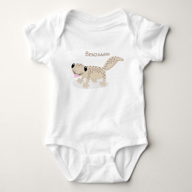 Cute spotted tan gecko cartoon illustration baby bodysuit (Front)